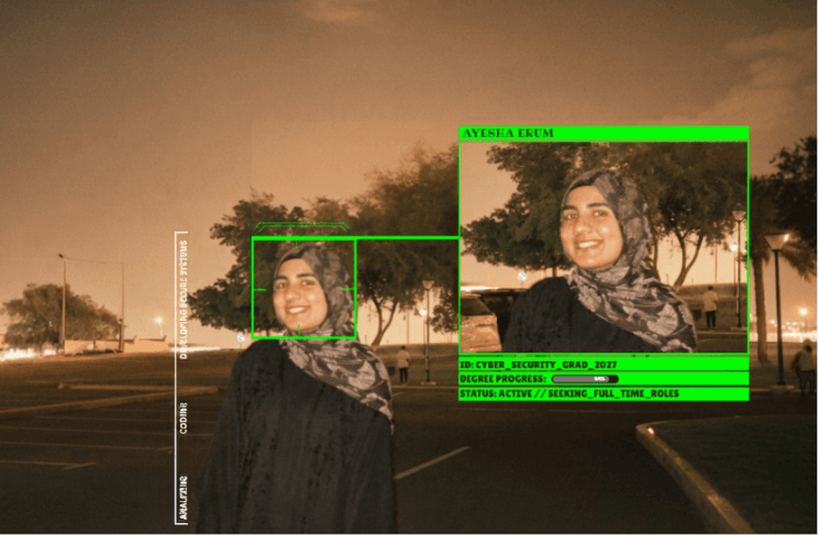Ayesha Erum outdoors in Doha, framed by a green face-detection HUD reading: Cyber Security grad 2027 — status active, seeking full time roles