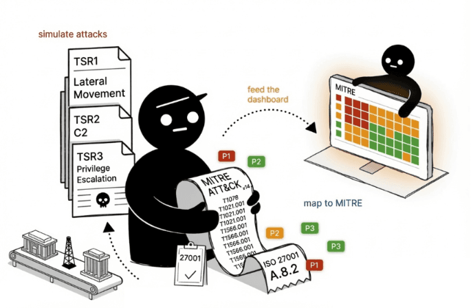 Illustration of an analyst turning attack simulation reports into a MITRE ATT&CK heatmap feeding a security dashboard