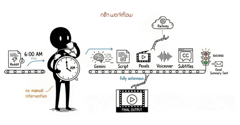 Illustration of the n8n workflow as a conveyor belt: a figure sips coffee at 6 AM while Reddit topics flow through Gemini, script, Pexels, voiceover, and subtitles into a final video and email summary