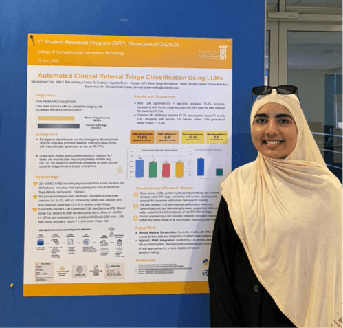 Ayesha beside the automated clinical referral triage research poster at the SRP Showcase